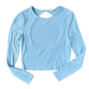 Elodie Light Blue Ribbed Long Sleeve Top Open Back Size Large